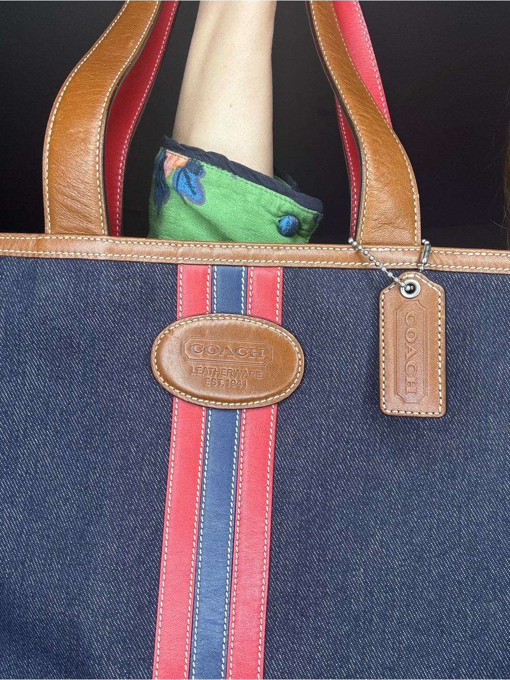 Coach Vintage Denim and leather varsity stripe tote EUC - Picture 12 of 15